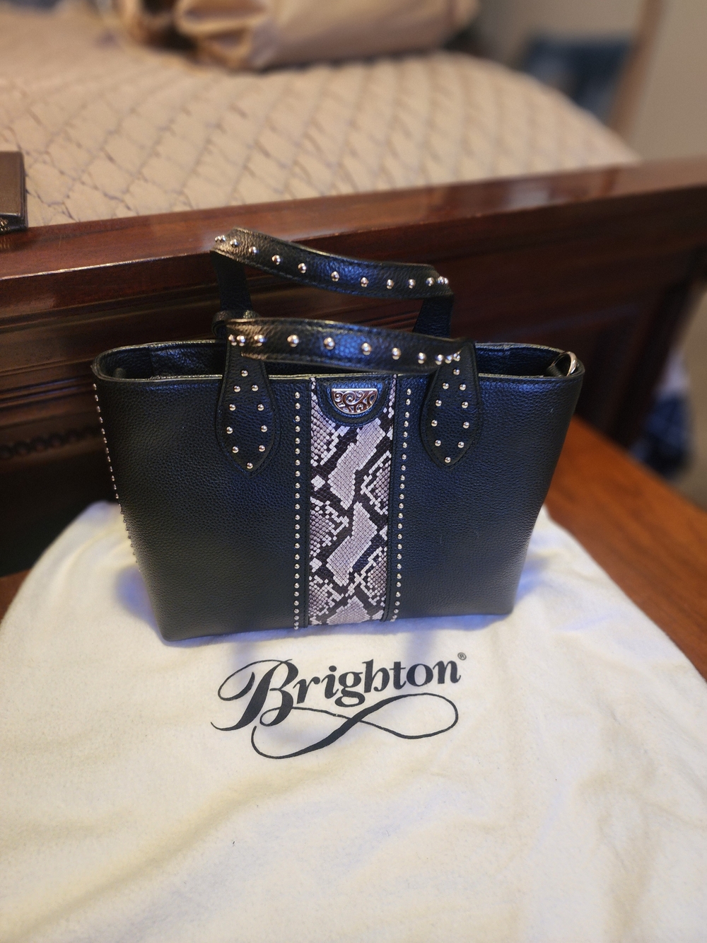 Brighton Black Snake-Accent Leather Tote